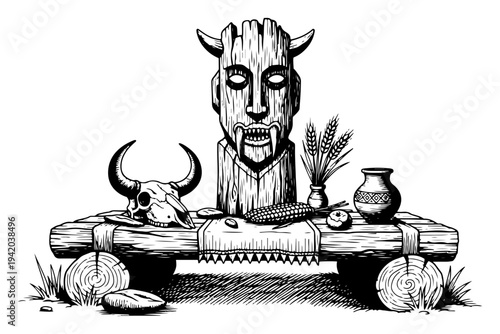 Tribal altar with ritual mask skull and grain offerings in vintage woodcut style