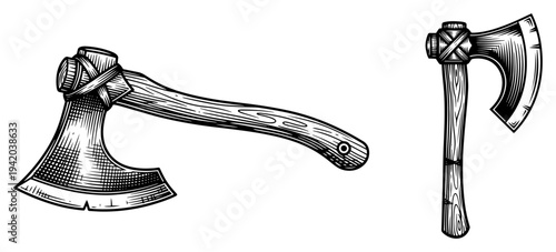 Vintage hand axe hatchet tool with wooden handle in hand drawn engraving style