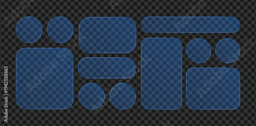 Modern blue glass morphism UI element set. Translucent frosted glass shapes, glowing neon geometric panels, rounded buttons and frames on dark transparent background for web design