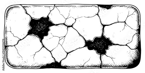 Rectangular cracked stone plate or weathered plaster wall texture in vintage engraving style