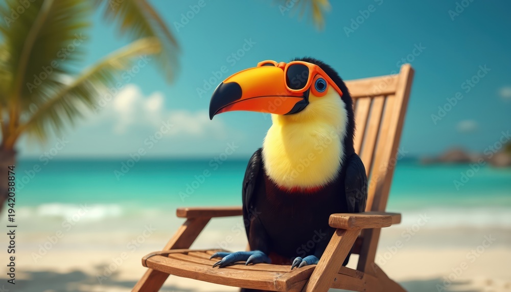 Fototapeta premium Toucan wearing orange sunglasses sits on wooden beach chair. Bird relaxes on sand by ocean, palm tree backdrop. Blue sky sea water, tropical island vacation vibe.