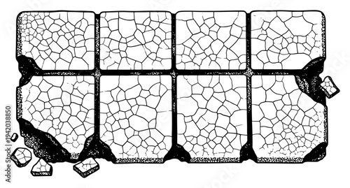 Set of cracked and weathered stone tile textures in vintage woodcut engraving style