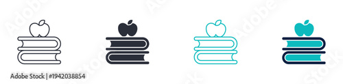 Education books with apple icon set, school study learning symbol, outline and solid silhouette style. Vector illustration.