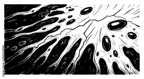 Moon surface crater landscape in vintage hand drawn woodcut style