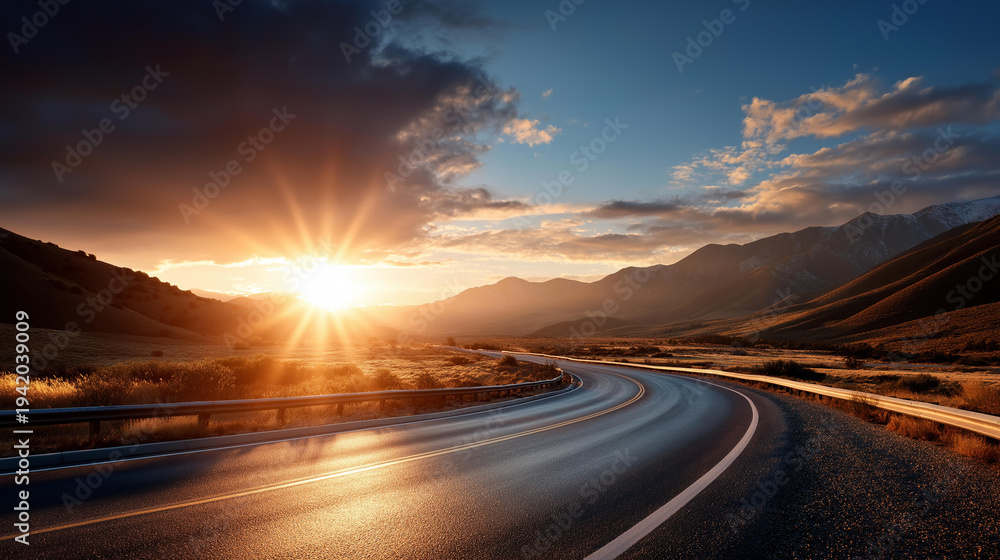 Fototapeta premium Glowing sunrise rising above a quiet open road in a natural landscape, defocused sky background, morning travel concept, new journey photography, with copy space