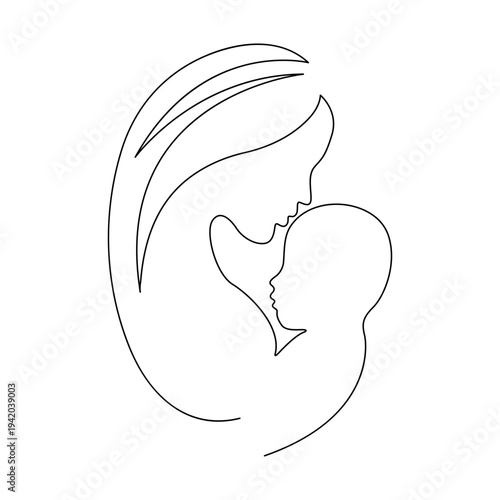 A mother with a baby drawn with a continuous line. One-line art.