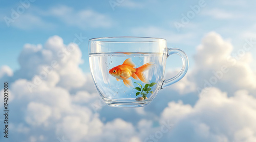 A transparent coffee cup floating in the sky with a goldfish