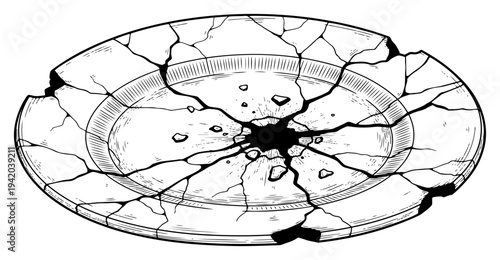Shattered ceramic plate with deep cracks and broken edges in vintage engraving style