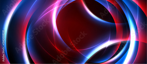 Abstract design features vibrant curves, red, blue, purple hues. Dynamic energy radiates from central darkness. Smooth gradients create depth.