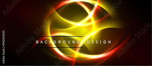 Abstract design features vibrant yellow, orange glows. Dark background emphasizes swirling light shapes, creating dynamic visual effect.