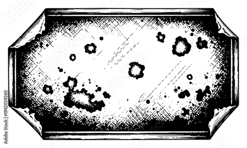 Corroded metal plate with clipped corners and distressed texture in vintage engraving style