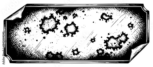 Weathered metal plaque with curled corners and corrosion spots in vintage engraving style