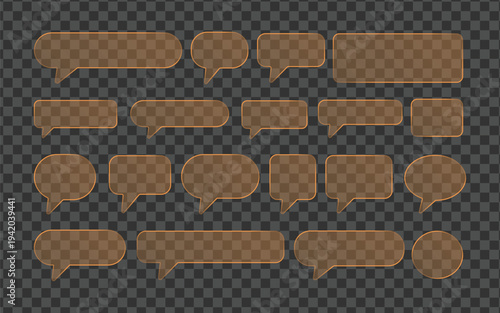 Copper Orange Transparent Chat Bubbles. 3D Glass morphism Message Boxes for Modern UI Design. Glossy Social Media Communication Icons Set with Glowing Outlines