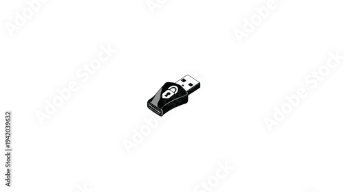 Isometric illustration of a black and white USB adapter with a padlock logo in the center
