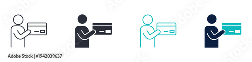person holding credit card icon, online payment or card transaction symbol, outline and solid vector illustration