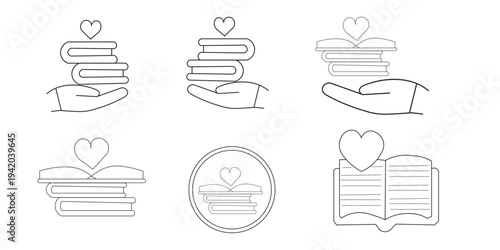 Illustrations of hands holding books and book related icons