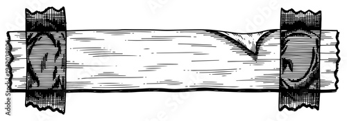 Wooden plank or banner taped with adhesive tape in vintage woodcut engraving style