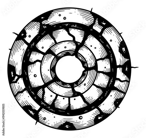 Circular cracked stone texture or antique millstone in vintage woodcut drawing style