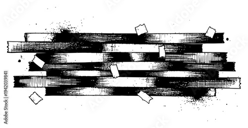 Abstract grunge background with horizontal ink brush strokes and paint splatters in woodcut style