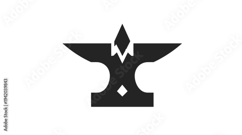 A black and white stylized illustration of an anvil with geometric diamond and arrow elements