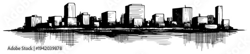 Modern city skyline silhouette with water reflection in vintage hand drawn woodcut style