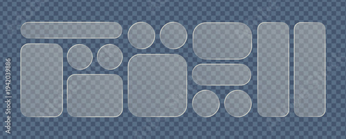 Clean white frosted glass app templates. Transparent acrylic interface panels, clear glowing buttons and blank placeholder widgets for modern light or dark mode UX