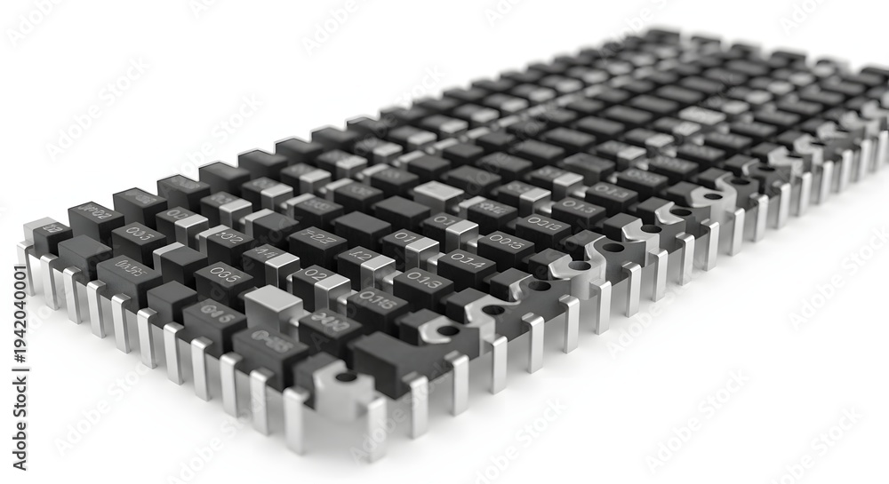 Fototapeta premium Large array of surface mount electronic integrated circuits and smd components arranged in rows on white background