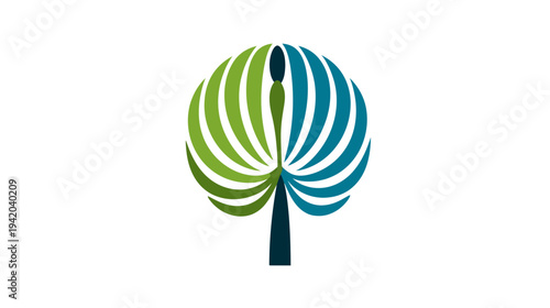 Stylized tree icon with a symmetrical design. The leaves are split into green and blue segments