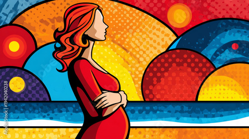Pregnant Woman in Red Dress Profile.