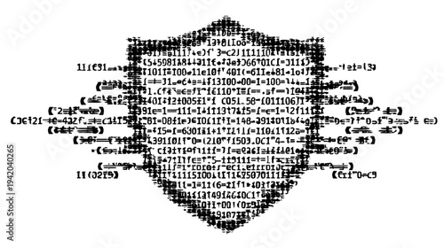 A black and white symmetrical shape, resembling a shield with spiky edges, contains text