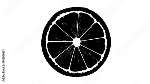 A black and white illustration of a citrus fruit slice, showcasing inner segments and rind