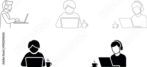 Customer service icon outline and silhouette people working on laptop vector illustration isolated on transparent background