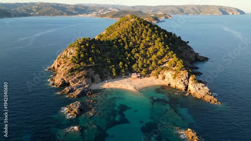 Aerial view of a beautiful island with lush green trees and clear blue water.