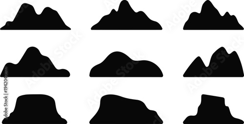 Various black mountain and hill silhouettes illustrating diverse natural landforms with smooth and rolling contours