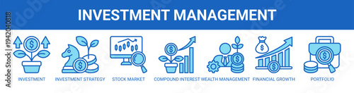 Investment Management web banner icon vector illustration concept with icons of investment, investment strategy, stock market, compound interest, wealth management, financial growth, and portfolio.