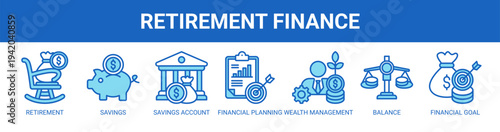 Retirement Finance web banner icon vector illustration concept with icons of retirement, savings, savings account, financial planning, wealth management, balance, and financial goal.