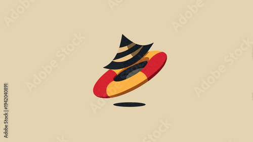 Stylized illustration of a witch's hat above a life preserver, resting on a textured light beige backdrop