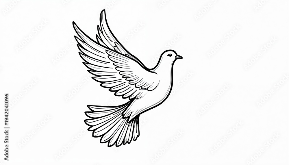 Obraz premium Stylized line art dove illustration, wings spread mid flight. Clean white background, simple graphic design. Visual bird symbol conveys peace and freedom.