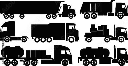 Set of various truck silhouettes, including semi-trucks, dump trucks, cargo transporters, and tanker vehicles, isolated on a white background for logistics and transportation design projects.