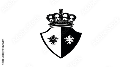 Black and white heraldic crest featuring a crown over a shield with stylized floral elements