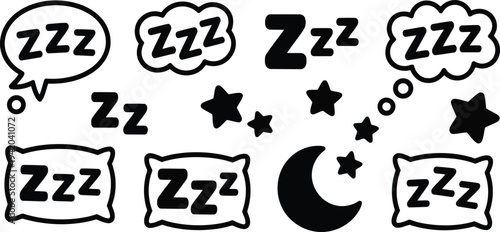 Various black sleep related icons featuring zzz symbols pillows stars and a crescent moon