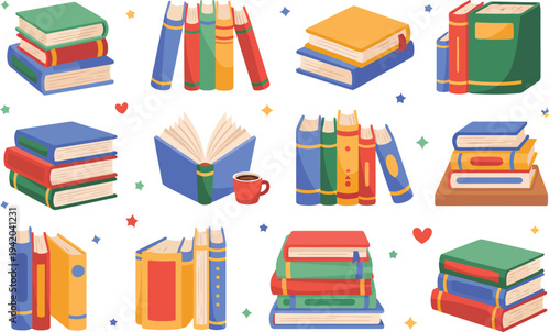 Various colorful cartoon books presented in neat stacks and an inviting open volume for reading