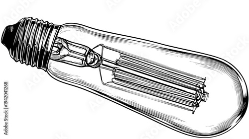 A detailed black and white illustration of a classic, elongated light bulb, close-up view