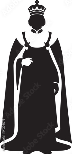 Queen vector silhouette illustration line art of royal person in gown isolated on background