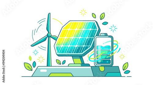 Modern renewable energy system with solar panel wind turbine and battery storage unit on platform