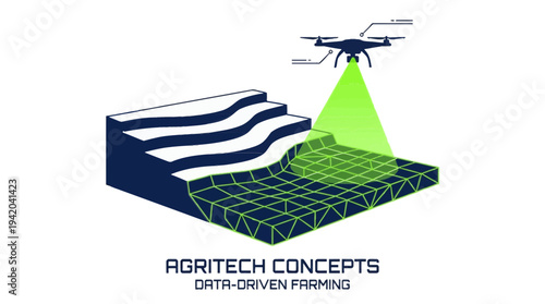 AgriTech concepts data-driven farming drone scanning field with green light digital grid