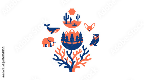 Wildlife conservation ecology desert forest ocean concept animals and coral reef illustration
