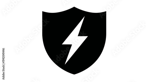 A black shield with a white lightning bolt inside against a white background