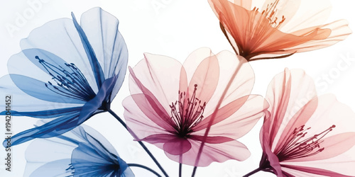 Close-up x-ray view of translucent flowers in vibrant blue, pink, and orange hues against a clean white background, symbolizing spring and renewal, x ray, design element
