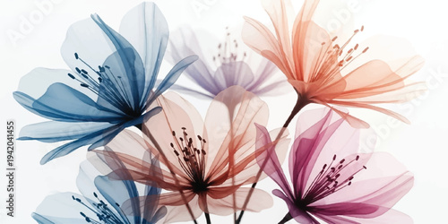 Artistic x-ray style composition of translucent flowers in blue, purple, pink, and orange, with a clean white backdrop, showcasing intricate petal details, white background